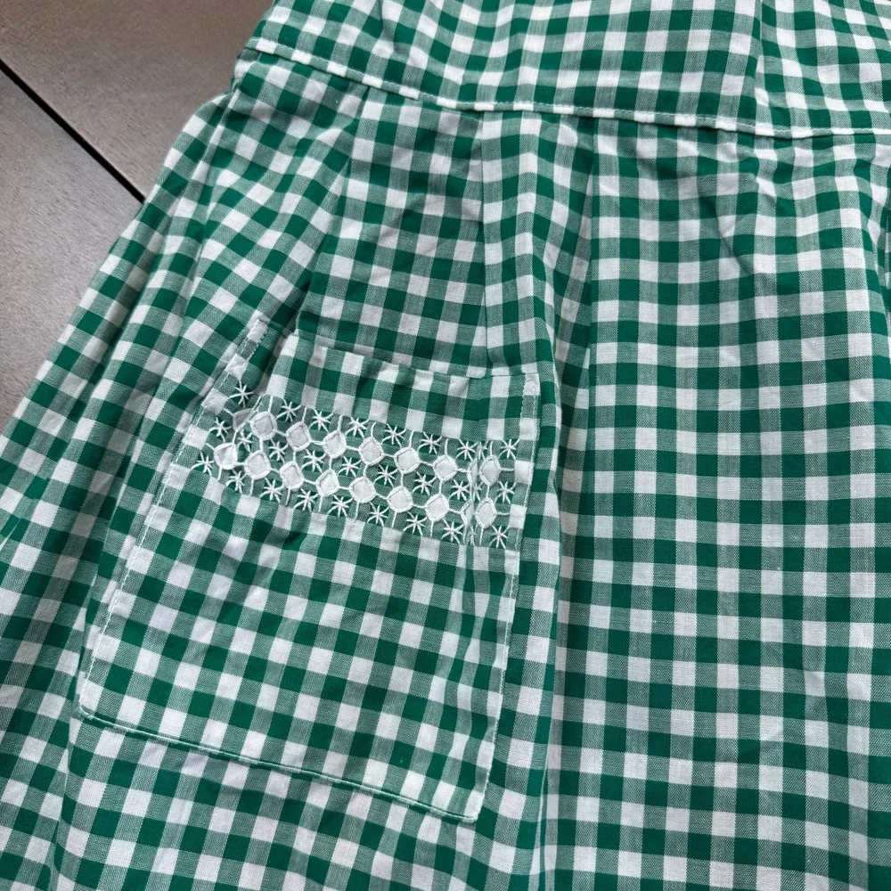 VNTG Green White Gingham Check Apron Shabby Chic Cottagecore Hostess Lace Trim